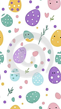 Pastel Easter Eggs Seamless Pattern White Background, Cute Spring Design
