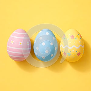 Pastel Easter Eggs With Soft Patterns On Clean Yellow Background