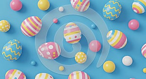 Pastel Easter Eggs and Spheres Pattern on Blue Background
