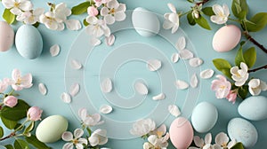 Pastel Easter eggs and spring apple blossoms