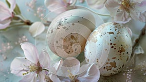 Pastel Easter eggs and spring apple blossoms