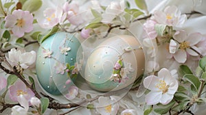 Pastel Easter eggs and spring apple blossoms