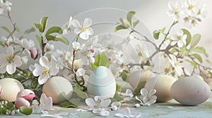 Pastel Easter eggs and spring apple blossoms