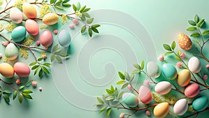 Pastel easter eggs and spring blossoms on a mint background a festive springtime design. Generative AI