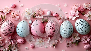 Pastel easter eggs with spring blossoms on pink background overhead shot