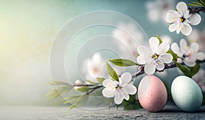 Pastel Easter eggs and spring blossoms. Vintage style picture. Generative AI