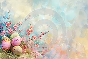 Pastel Easter eggs and spring blossoms on watercolor background