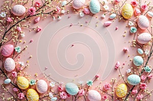 Pastel easter eggs and spring flowers frame on pink background