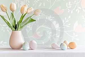Pastel Easter Eggs and Tulips in Vase on Soft Floral Background