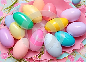 Pastel Easter Palette. A visually pleasing composition featuring a gradient of pastel-colored Easter decorations such as
