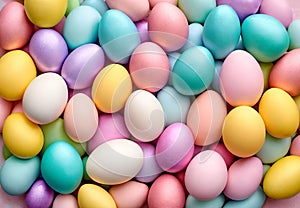 Pastel Easter Palette. A visually pleasing composition featuring a gradient of pastel-colored Easter decorations such as