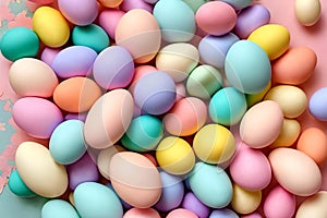 Pastel Easter Palette. A visually pleasing composition featuring a gradient of pastel-colored Easter decorations such as