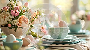 Pastel Easter Table Setting with Floral Decorations