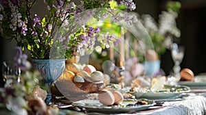 Pastel Easter Table Setting with Spring Flowers and Eggs