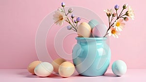 Pastel eggs and daisies in a light blue vase on a pink background. Generative AI