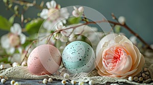 Pastel eggs, delicate lace, and dainty florals compose a refined spring background