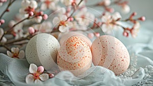 Pastel eggs, delicate lace, and dainty florals compose a refined spring background