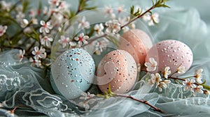 Pastel eggs, delicate lace, and dainty florals compose a refined spring background