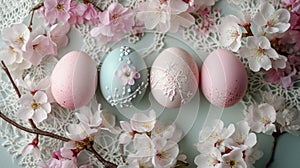 Pastel eggs, delicate lace, and dainty florals compose a refined spring background