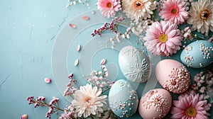 Pastel eggs, delicate lace, and dainty florals compose a refined spring background