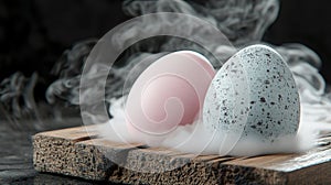 Pastel eggs, smoke, wood, dark background, Easter