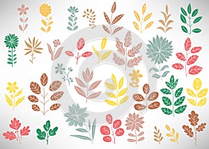 Pastel Floral Set of elements for design, tree branch, bush, plant, leaves, flowers, branches, petals isolated