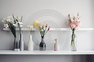 pastel flowers in modern vase on minimalist shelf