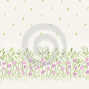 Pastel fresh abstract ditsy gestural floral vector seamless horizontal border and pattern. Blooms, foliage. Edge.