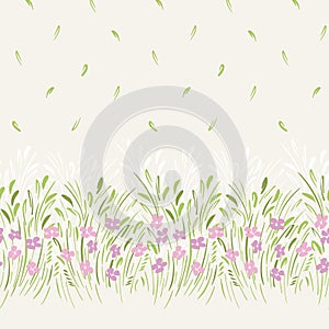 Pastel fresh abstract ditsy gestural floral vector seamless horizontal border and pattern. Blooms, foliage. Edge. photo