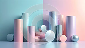 Pastel Geometric Cylinders and Spheres on Split Background