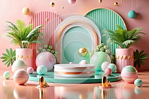 Pastel geometric podium display with plants and orbs
