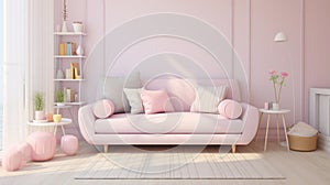 Pastel girly room with simple sofa with decorative pillows. generative ai