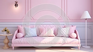 Pastel girly room with simple sofa with decorative pillows. generative ai