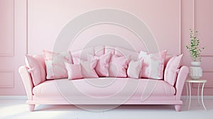 Pastel girly room with simple sofa with decorative pillows. generative ai