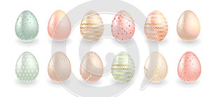 Pastel and gold Easter eggs vector design set. Sage, pink, peach and beige tones. Blush pink and mint green spring