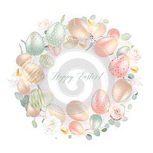Pastel and gold Easter eggs vector design wreath. Sage, peachy and beige tones. Blush pink and white roses