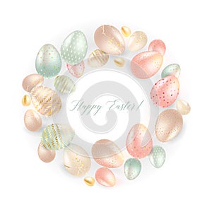 Pastel and gold Easter eggs vector design wreath. Sage, pink, peach and beige tones. Blush pink and mint green spring