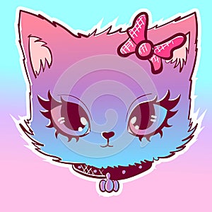 Pastel goth cat with a ribbon and a leather chocker. Digital art of a feline character doodle with anime eyes and pink fur.