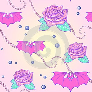 Pastel goth moon bats and pearls seamless pattern