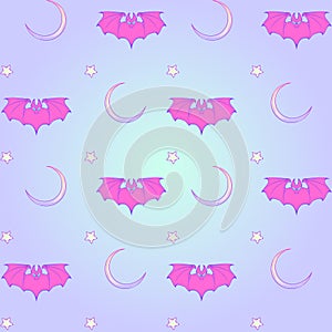 Pastel goth moon and bats seamless pattern