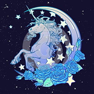 Pastel goth unicorn with crescent stars and roses greeting card