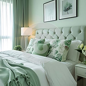 pastel green bedroom adorned with crisp, clean white and green pillows and blankets