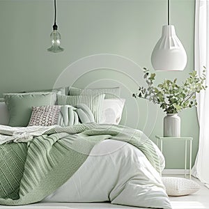 Pastel green bedroom interior, clean white and green pillows and blankets