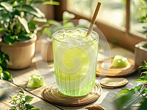 Pastel green melon cream soda with mint leaves and ice enjoyed in a cozy setting featuring 1970s decor and natural photo