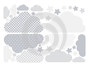 Pastel grey clouds & stars vector collection with polka dots for kids .Cloud computing decoration pack.Baby shower stickers set.