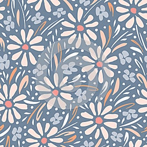 Pastel hand-painted daisies and foliage on grey background vector seamless pattern. Spring summer floral print