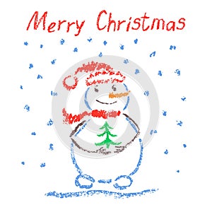 Crayon like child`s drawing merry christmas funny smiling snowman with lettering, christmas tree and falling snowflakes.