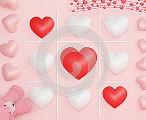 Pastel of heart in XO tic-tac-toe game Happy Valentine`s and anniversary Day. Sale background. Minimal concept