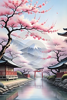 A pastel-hued Japanese ink wash painting of beautiful cherry blossoms tree, with ancient house, mountain and a river, fantasy art