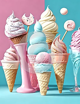 Pastel Ice Cream in Cones with Sprinkles and Lollipops Blue Rosa White Yellow